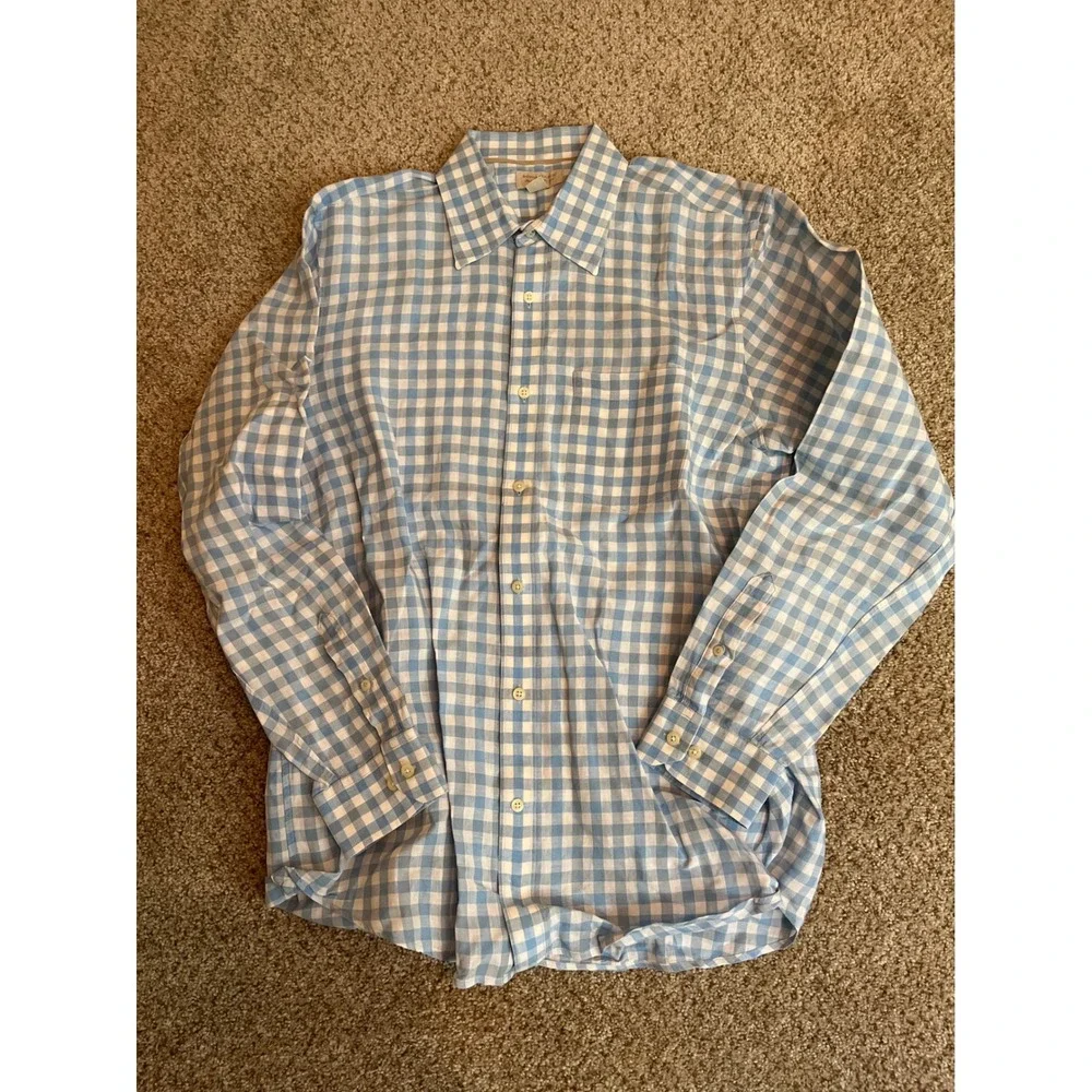 Banana Republic Men's 100% Linen Button Down Shirt Large Blue Gingham Plaid